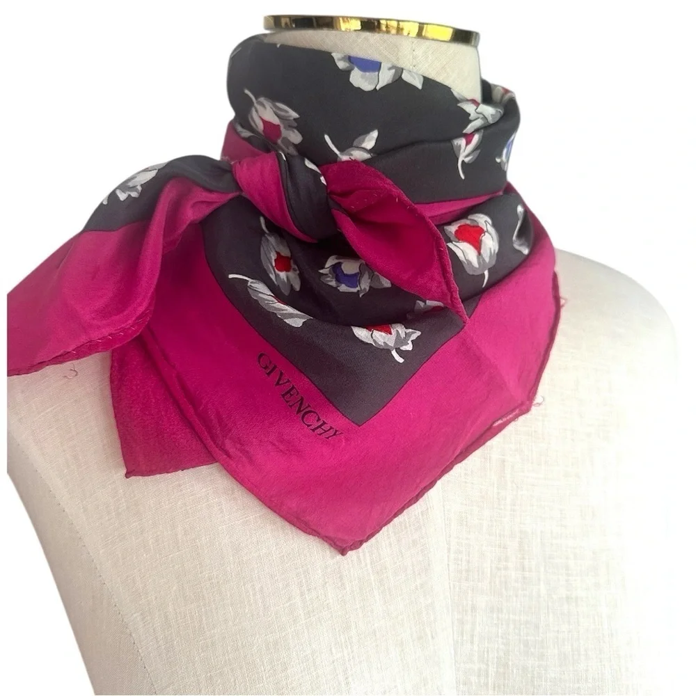GIVENCHY 100% Silk Gorgeous Black Floral and Hot Pink Border 29” Scarf